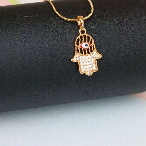 "Rose Gold Hamsa Hand Pendant with Evil Eye and Sparkling Stones, XPPT1386 - Picture 4 of 13